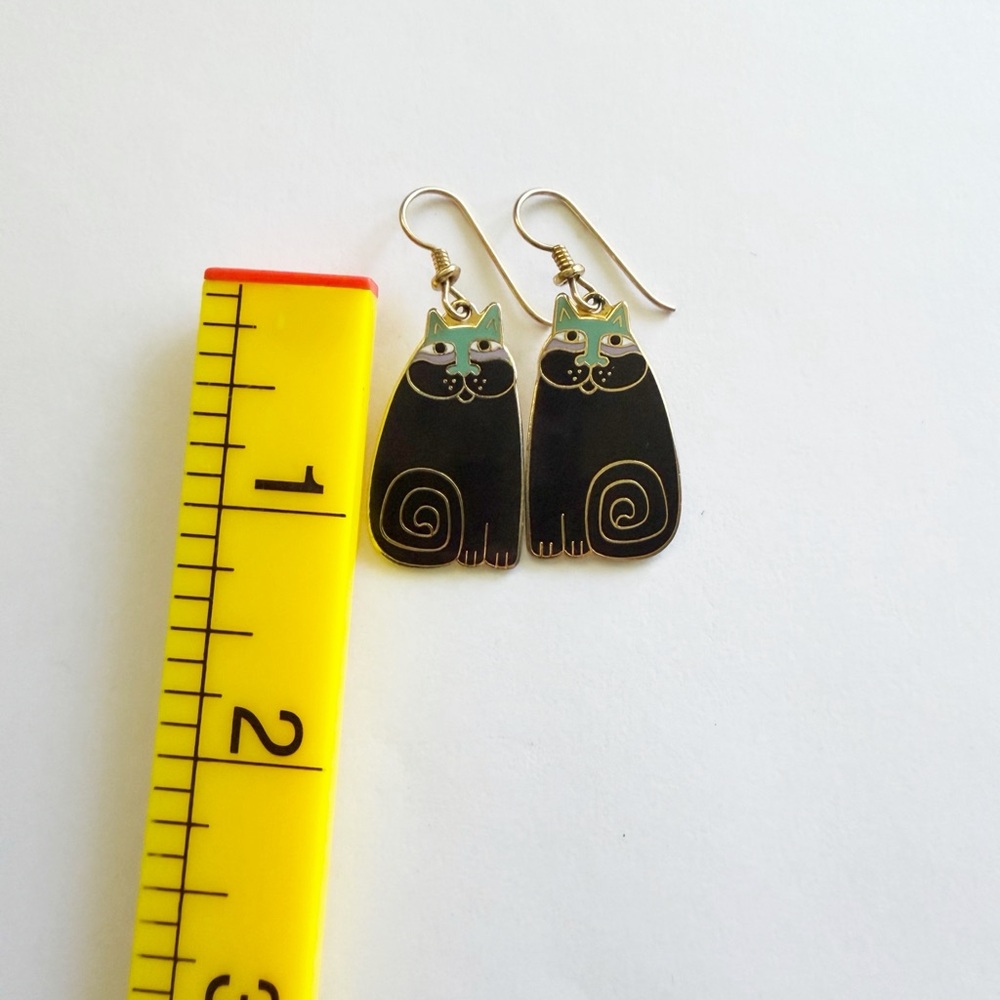 Laurel Burch Olivia Cat Vintage 1980's Black Gold Tone Dangle Earrings - Picture 4 of 5
